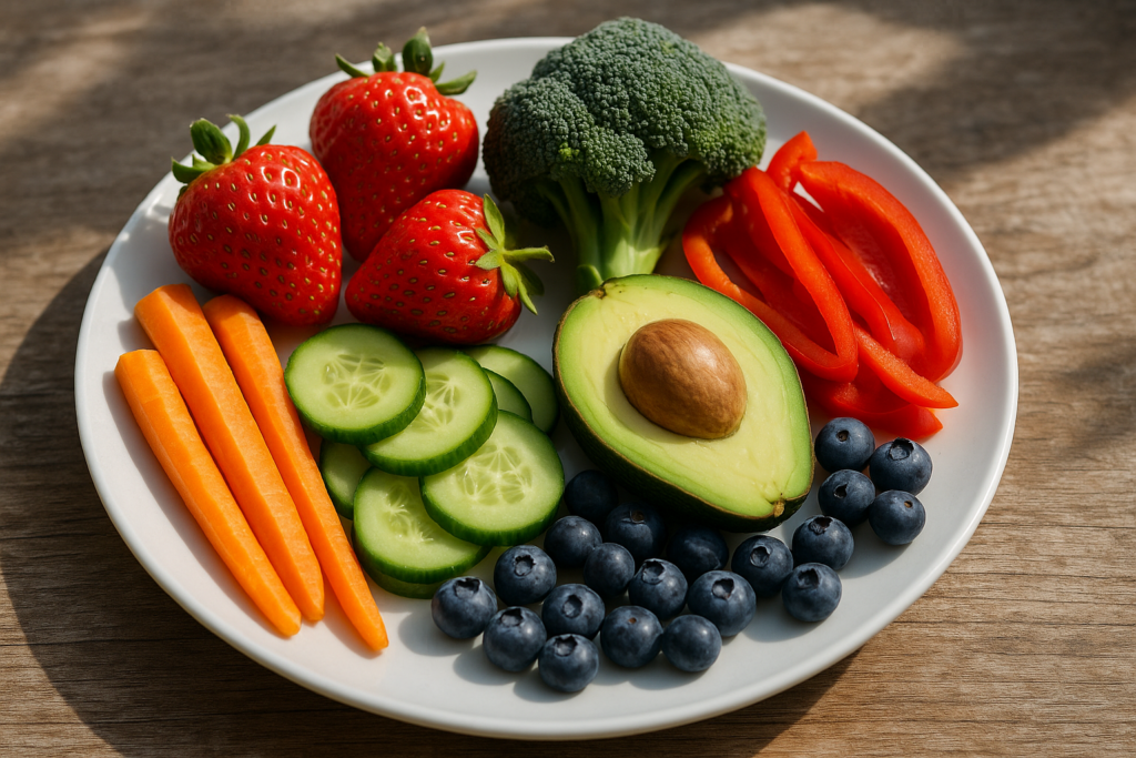 Ein Teller mit gesundem Obst und Gemüse